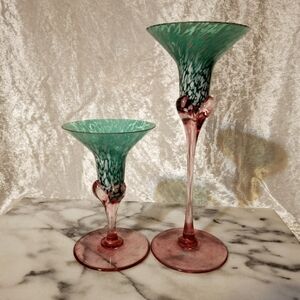 Two Mikasa Vintage Art Glass Green, White, And Pink Candlesticks